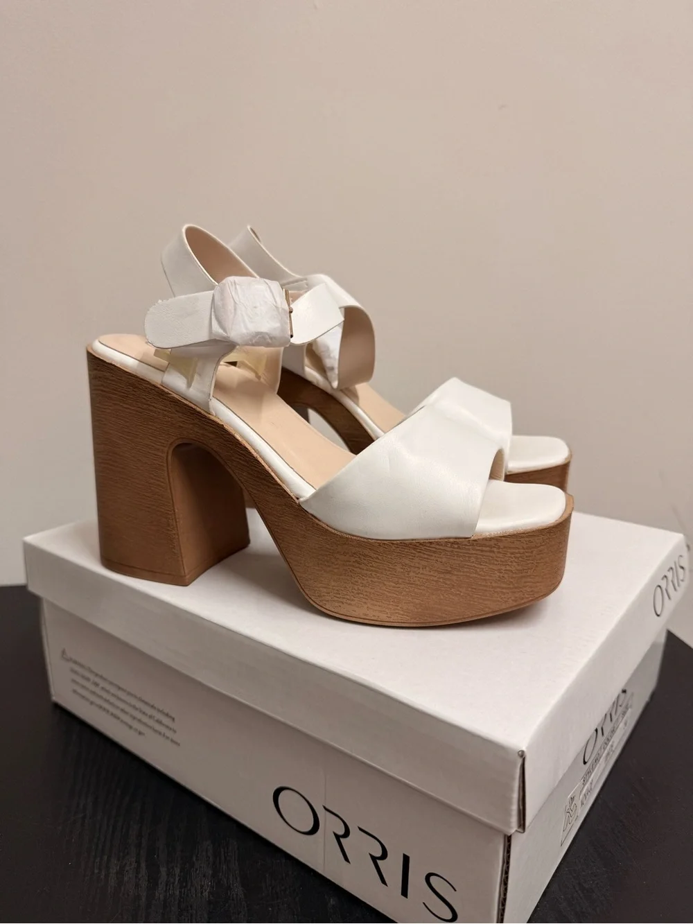 White Platform Block Heel Sandal with Ankle Strap - Picture 3 of 9